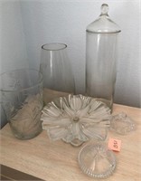 D - GLASS VASES, JAR W/ LID, DISHES (B51)