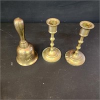 2 Brass Candlesticks and Bell