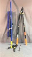 Misc tools- loppers, broom, wrench, clamp