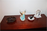 Alligator ash tray, angel decor, cat ring holder