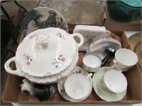BOX: SOUP TUREEN, CUPS&SAUCERS, CLUTCHES, ETC.