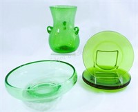 Vintage Blown Bubble Art Glass Vase, Bowl, Plates