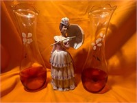 2 Handpainted Vases & Lady w/parasol