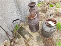 3 milk cans w/oil & cultivator part