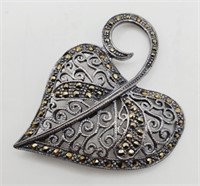 (H) Sterling Silver Marcasite Brooch (2" long)