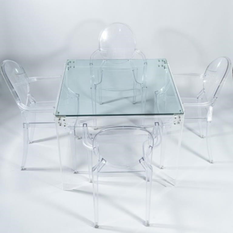 MCM LUCITE & GLASS BREAKFAST TABLE & CHAIRS