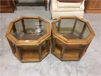 2 matching octagon wood and glass end tables