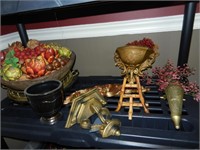 Wooden Bowl w/ Fruit, Plastic Gold Pieces, etc
