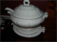 Large White Ceramic Serving Dish w/ Lid and Ladle
