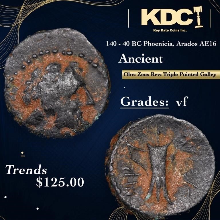 140 - 40 BC Phoenicia, Arados AE16 Ancient Grades