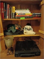 Emerson VHS player, lamp, asst hats, books