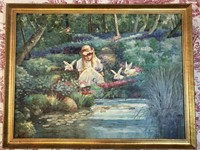 M. Jacob Oil on Canvas Girl w/ Bunnies