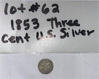 LOT#62) 1853 THREE CENT SILVER NICKEL