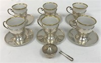 Sterling Demitasse Cups and Saucers, Pot and Tongs