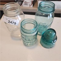 Vintage Clear Midland & 2 Blue Canning Jars
