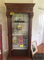 Cherry finished ornate display shelving with glass