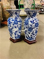 Floral Cobalt Blue Hexagon Vase w/ Pedestal X 2