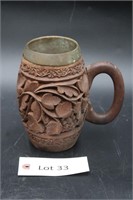 Beautifully Wood Carved  Mug With Brass
