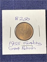 1955 farthing coin Great Britain