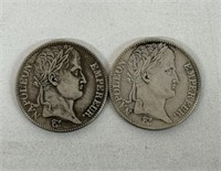 (2) 1813 5 FRANCS. NAPOLEON SILVER  COINS