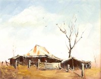 Ian Webb 1943- "Lonely Woolshed" oil on board