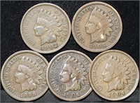 5 Nice Indian Head Cents from Estate Lot