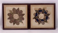 2 framed quilt squares,initialed, 6.5" square size