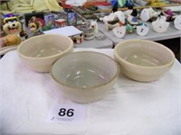 Three white crock bowls, 9" across, 3 1/2" tall -
