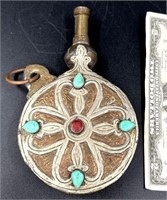 Antique Islamic Brass & Silver Powder Flask