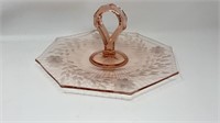 Floral Etched Pink Depression Glass Handled Plate