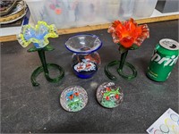Art Glass Flowers, Vase, Paper Weights