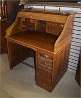 Unusual Antique Tiger Oak Roll Top Desk -