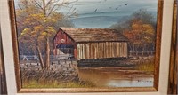 K. MICHAELSON Framed Covered Bridge Oil on Canvas