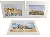 3 Lithograph Prints Mgarr Harbour & Malta