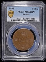 1803 SWEDEN 1/2 SKILLING PCGS MS62 BN