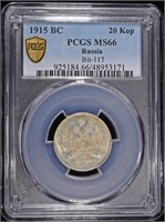 1915 BC SILVER RUSSIA 20 KOP PCGS MS66 BIT-117