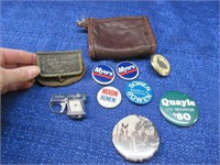 political buttons -antique coin purse -gun lighter