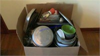 Large box of vintage pots & pans