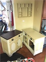 2 painted commodes + wall shelf