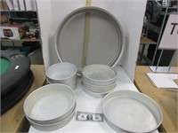 Assorted size cake pans and large flour sifter