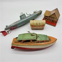 Flat of Vintage Tin Toys w/ Submarine & Boat