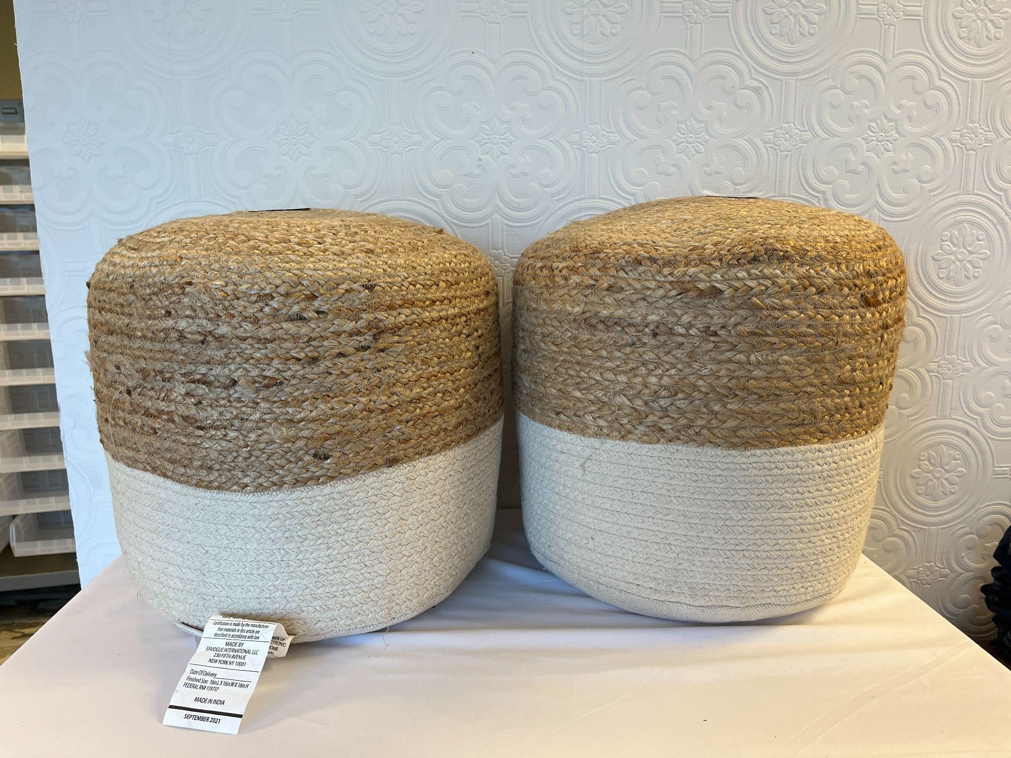 2 Raffia & Fabric Poufs