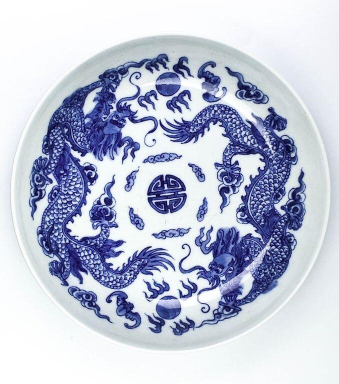 Blue and white dragon pattern ceramic plate