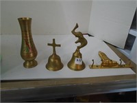 4 Brass Items ,2Bells , Vase and Key Holder