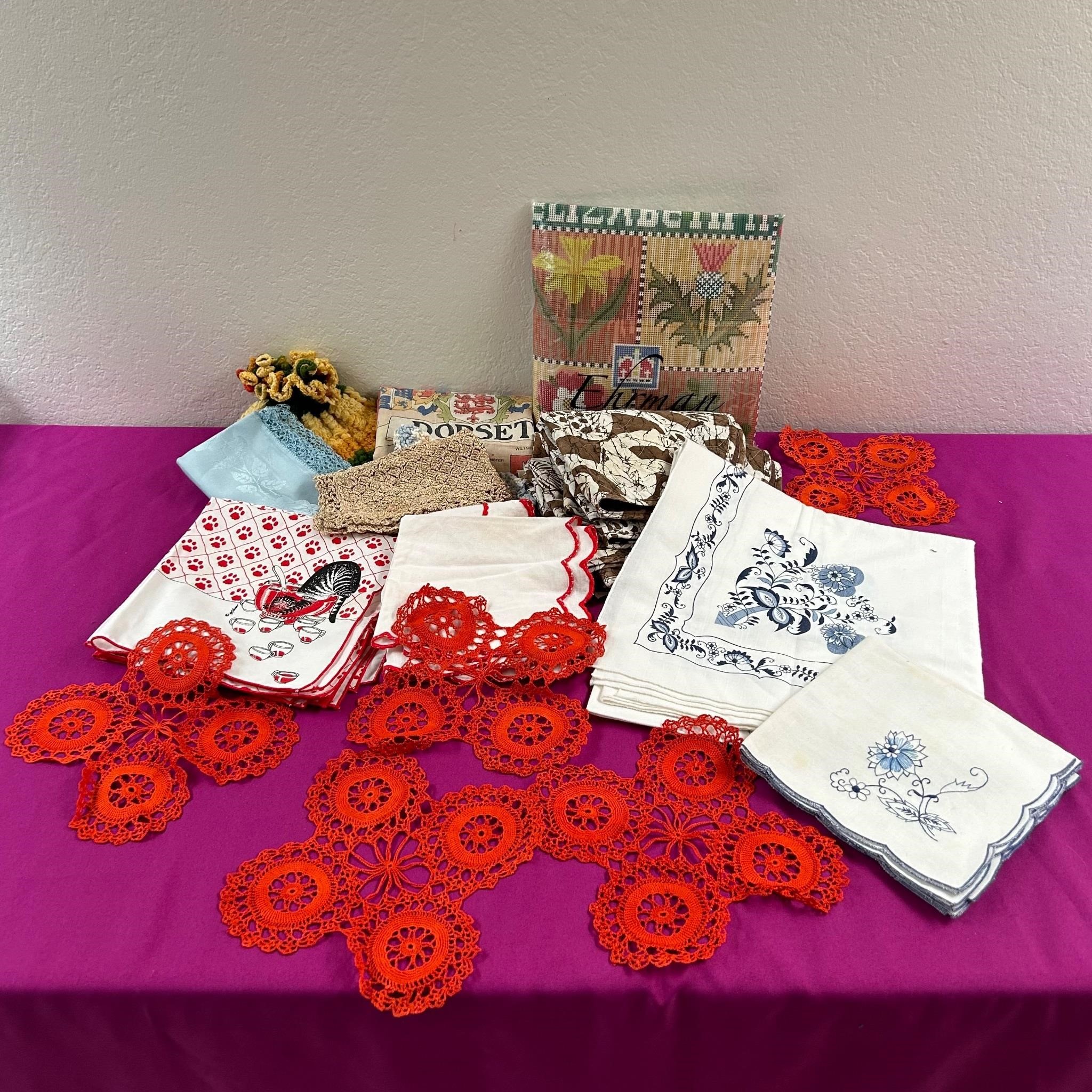 Vintage Linen Tea Towel, Red Lace Doilies, ++