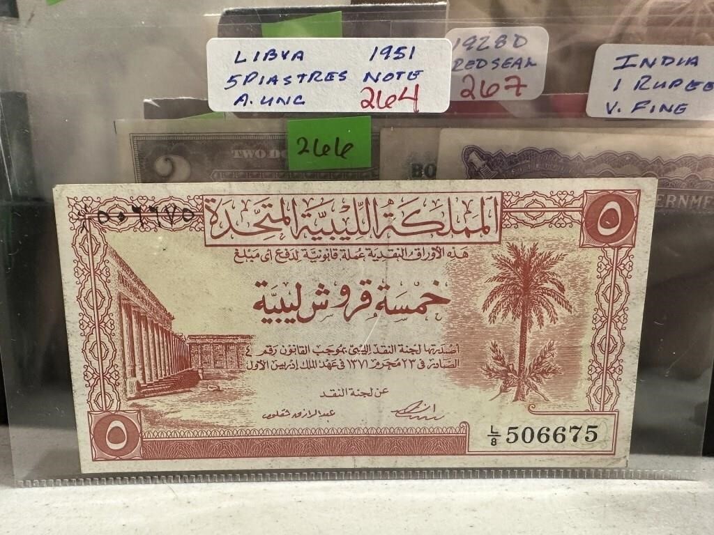 1951 LIBYA 5 PUASTRES CURRENCY NOTE