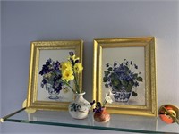 2 Gold Framed Pictures & 2 Pottery Pieces