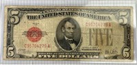 1928 A Washington DC Red Seal 5 Dollar US Note