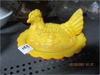 Yellow Slag Glass Hen on Nest