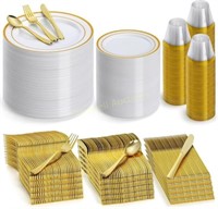 600pc Gold Plastic Dinnerware for 100 Guests